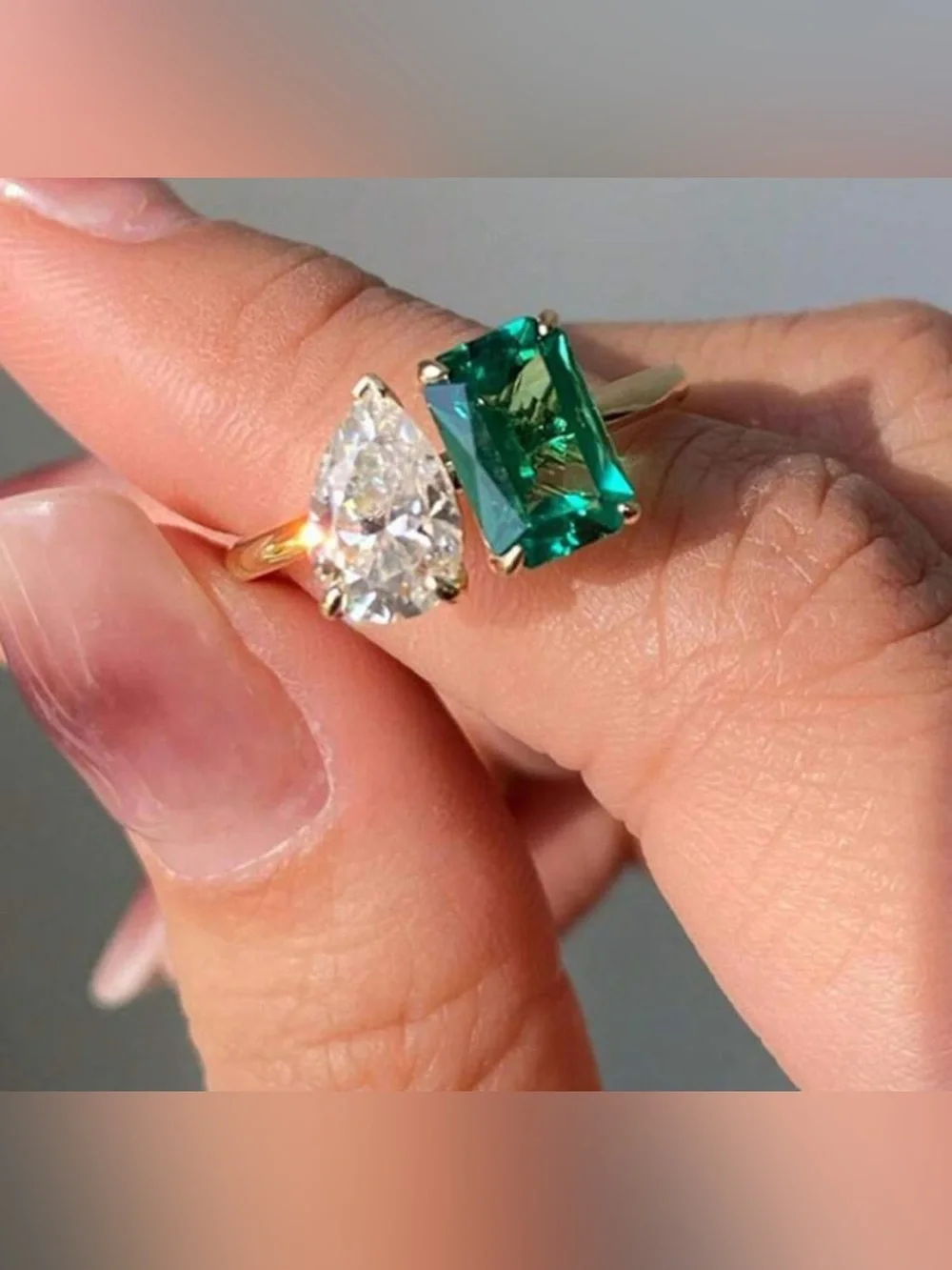 NEW-7 Gold Ring with Emerald Green Cushion and White Teardrop Stones